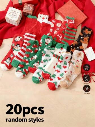 5 pares de calcetines con estampado navideño, calcetines cómodos y lindos de felpa y cálidos, medias y calcetines para mujer (estilos aleatorios)