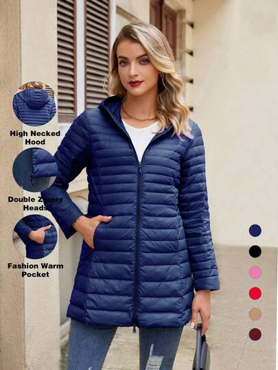  ZIAI 女士纯色轻薄长款连帽冬季羽绒服休闲户外秋冬外套女