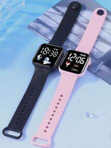 2 件套儿童卡通心形数字显示方形表盘电子表运动手环 LED 夜光礼物、情侣手表、情人节礼物 - 彩色 - 查看 6