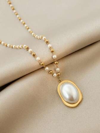 1 pieza Collar con cadena y colgante de perlas falsas, elegante, de moda y versátil para mujer, adecuado para uso diario, ir al trabajo y múltiples ocasiones (empaquetado en bolsa de OPP)