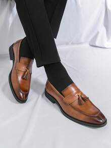 Giày lười nam tối giản có tua rua, giày da công sở lịch sự cho nam giới trẻ tuổi, giày slip-on màu trơn phù hợp cho đám cưới, hộp đêm, tiệc tùng, mặc hàng ngày và công sở. - màu nâu - Xem 3