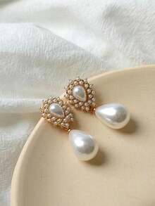 1 Pair Elegant Faux Pearl Drop Earrings For Women – Stylish Decorative Jewelry Perfect For Parties, Proms, Weddings, Special Occasions, Lightweight And Comfortable, Classic And Timeless Accessory - 白2 - 查看 1