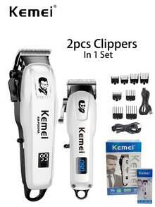Kemei 2件套电动理发器套装 - 专业无线理发器 KM-PG809A 和 KM-232,USB 充电,配有精细不锈钢剪刀和白色围裙,男士家用 - 白色 - 查看 13