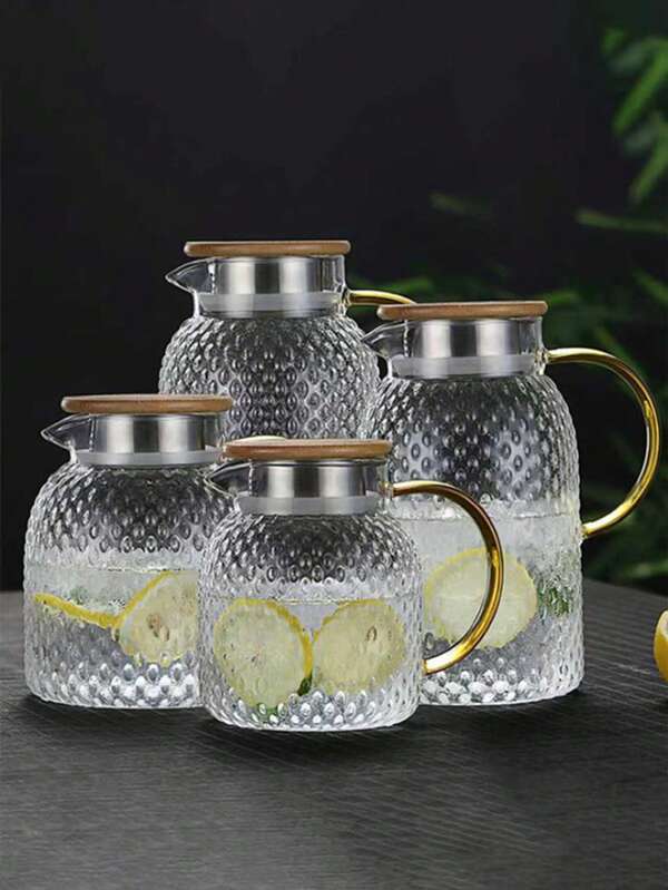 1-Piece High Borosilicate Glass Juice Drink Pitcher, Bamboo-Steel Lid Rice Grain Pattern Cold Water Pot, Large Capacity Teapot, Kitchen Utensil