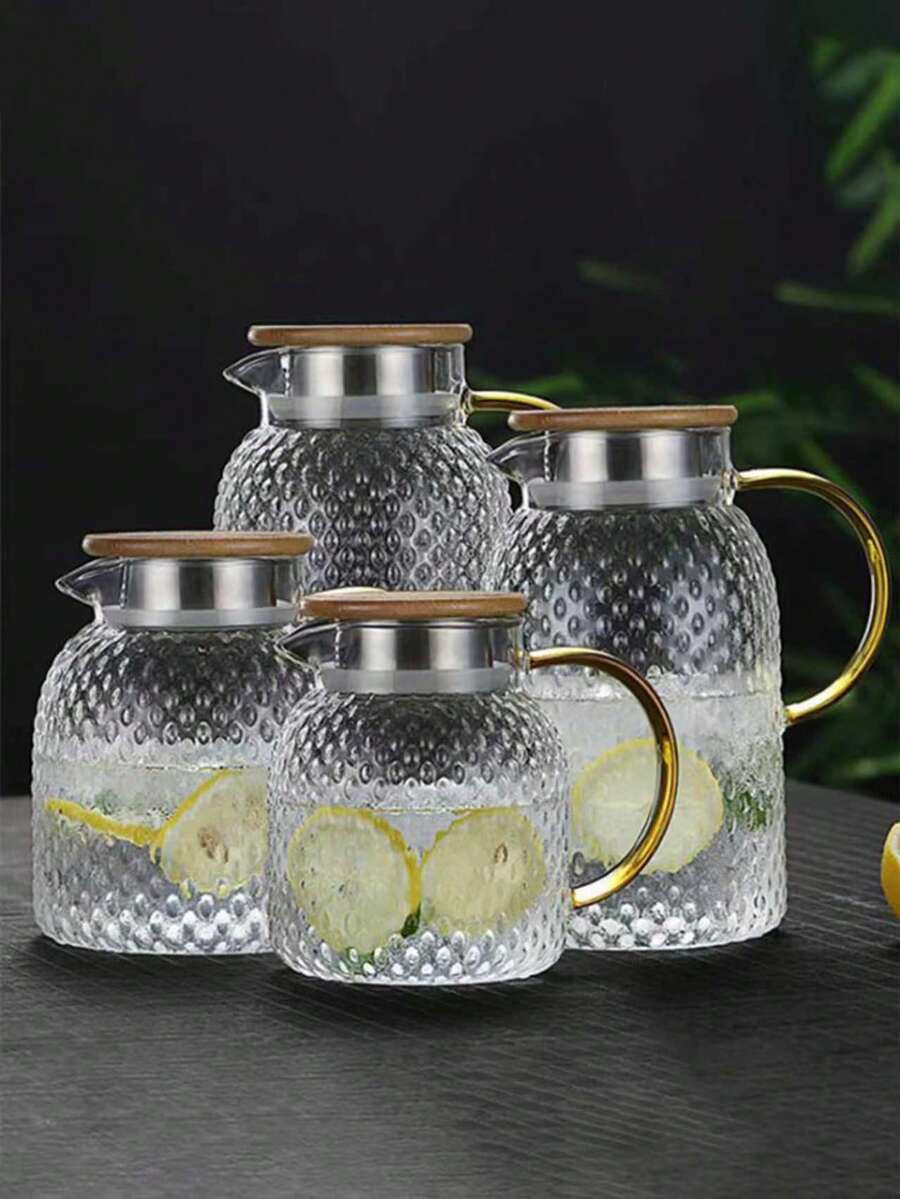 1个高硼硅玻璃果汁/饮料壶，带竹钢盖，米粒纹理冷水壶，大容量茶壶，厨房用具 - 彩色 - 查看 1