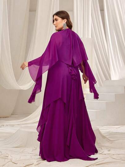 Vestido formal elegante de mujer de talla grande con cuello alto, mangas tipo capa, falda con volantes en capas, ajustado en el torso, adecuado para galas de etiqueta negra, recepciones de boda, alfombra roja, noches de ópera, bailes benéficos y otras ocasiones formales