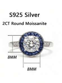 1 件女士结婚戒指，蓝色边缘 4 爪戒指，2.7 克 S925 银，2 克拉莫桑石，波西米亚宫廷风格，奢华求婚订婚结婚周年母亲节礼物，附有莫桑石证书和精美礼品盒