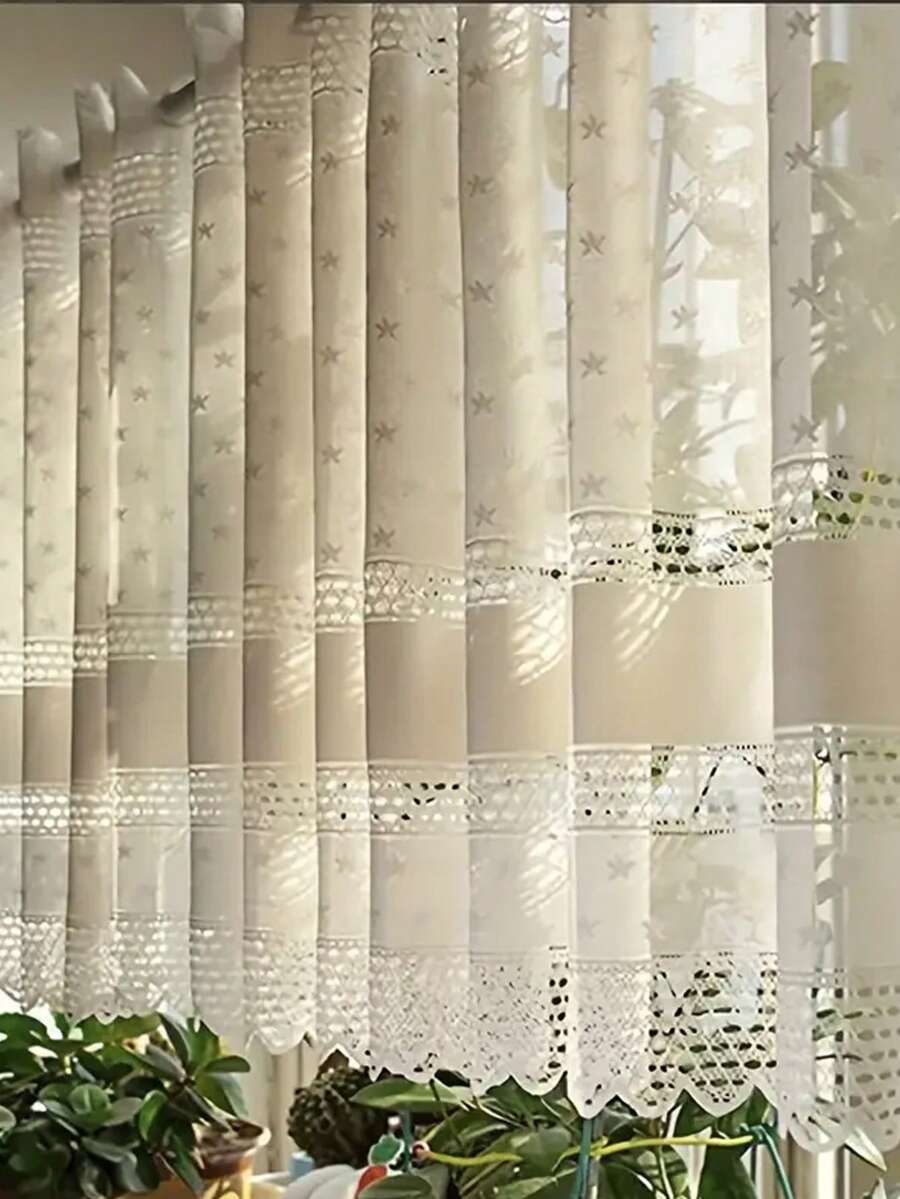 1pc Christmas Decorative Rod Pocket Embroidered Sheer Curtain With Hollow-Out Luxury Tassel Trim, Semi-Sheer Kitchen Small Window Curtain, Suitable For Living Room And Bedroom, Sound Insulation And UV Protection, Christmas Decor Kitchen Curtain (150g Fabric Weight) - Multicolor - View 1