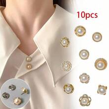 10pcs Pearl Button Plastic Button Shirt Button Style Button Cardigan Clothes Hand-Sewn Button Collar Decorative Button Flower Pin Jeans Skirt Waist Adjuster -Anti-Exposure Brooch Buckle Summer Girls Neckline Artifact Chest Pin Fixed Clothes Buckle Needle Sewing Free Button Hidden Buckle Waist Size Adjustable Buckle For Jeans Skirt, Prevents Pants From Slipping Down, No Need For Nails - 彩色 - 查看 2