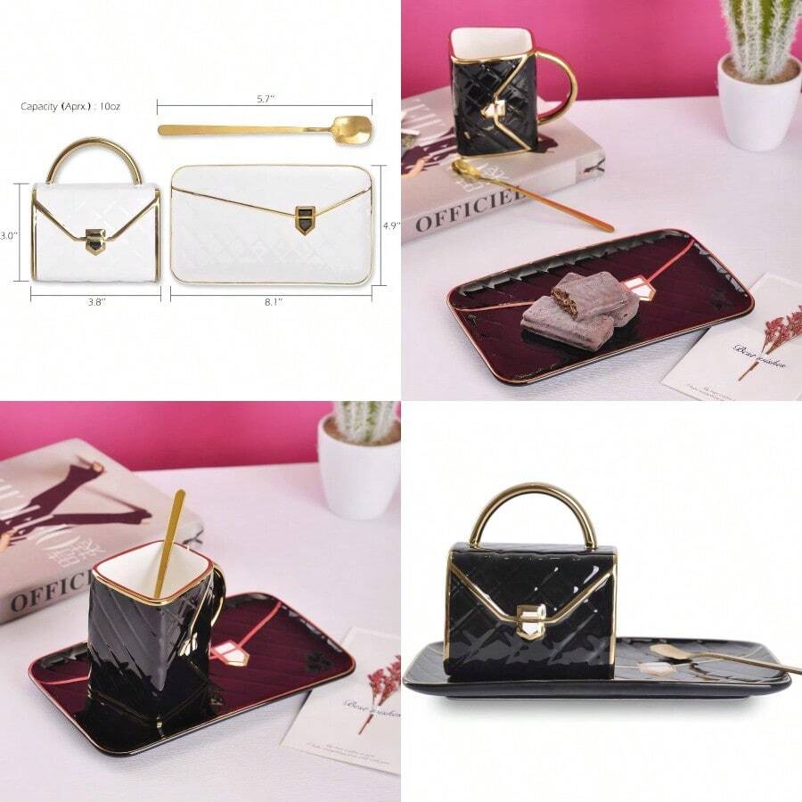 Unique Ceramic Pink Blue Coffee Mug Cup And Saucer Set And Spoon Cute Fancy Girly Afternoon Tea Set Purse Gift 10 Oz/300 Ml Black