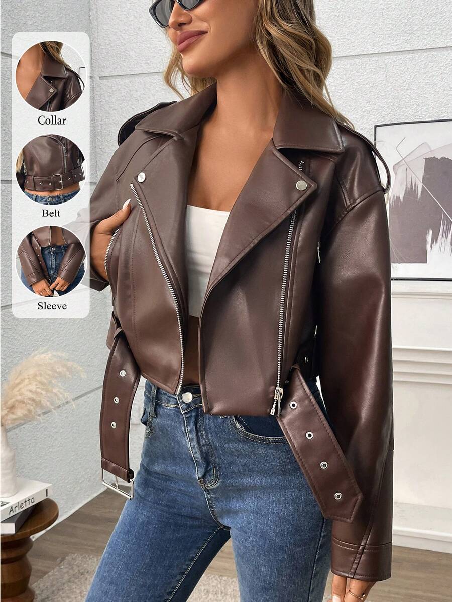 Women's Faux Leather Biker Short Jacket - Reddish Brown - View 1