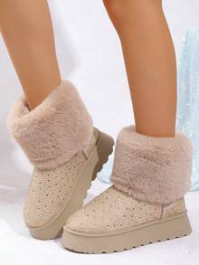2025 Nuovi stivali da neve invernali da donna in taglia grande, in morbido pile beige con strass, versatili, con suola spessa e calda, scarpe casual con fodera in pelliccia spessa