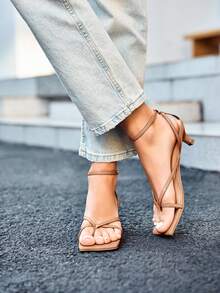 Womens Strappy Low Kitten Heels Sandals Open Square Toe Flip Flop Summer Dress Party Shoes - 駝色 - 查看 3