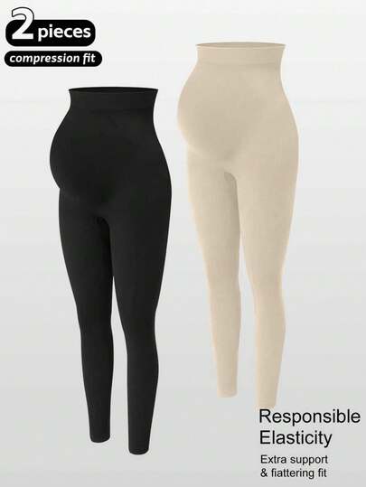 2 件套孕妇无缝高腰弹力纯色紧身裤，适合日常休闲穿着、运动、瑜伽、四季穿着