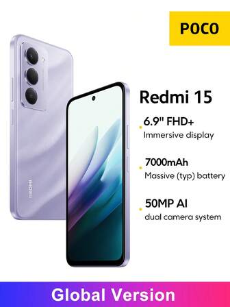  Redmi 15 Smartphone Global Version 6,9" FHD+ DotDisplay Upp till 144Hz Uppdateringsfrekvens 7000mAh (Typ) Batteri 33W Snabbladdning 50MP Huvudkamera Snapdragon 685 AI Ansiktslåsning Xiaomi HyperOS 2 *INGEN NFC-version, Julklappar till barn och föräldrar