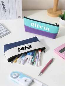 Penar personalizabil, text personalizabil, geantă de creioane din pânză Oxford de mare capacitate, penar personalizat cu model patchwork în două culori, ideal pentru ziua de naștere, aniversare, cadouri de Crăciun pentru prietenă, familie, prieteni, colegi de clasă, profesori, colegi