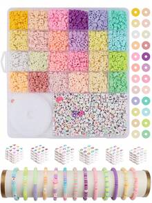 黏土珠子套組，扁圓形聚合物黏土珠子用於珠寶製作，黏土隔珠用於手鍊、項鍊、耳環DIY，包含字母珠子，適合成人 - 多色系軟陶 - 查看 5