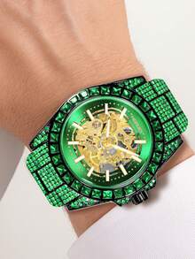 Luxury Men's Green Crystal-Accented Skeleton Automatic Watch, Gold Automatic Mechanical Movement, Sparkling Green Stones On Bezel And Strap, Stylish And Eye-Catching Design, Perfect For Special Occasions - màu xanh lá - Xem 5
