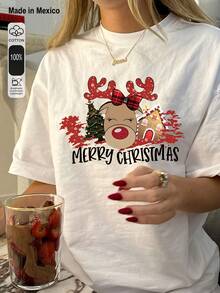 Camiseta de poliéster con estampado navideño para mujeres - Cuello redondo, manga corta, longitud regular, camiseta de estilo vacacional tejida con diseño de renos y árbol - Blanco - Ver 9