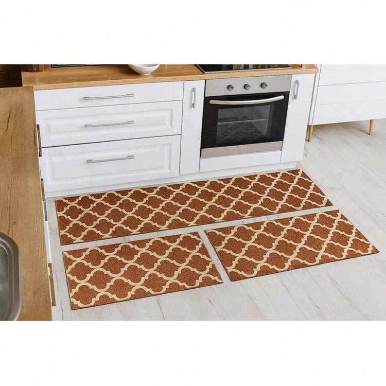 3-Piece Decorative Non-Slip Kitchen Runner Set - 棕色帝國 - 查看 1