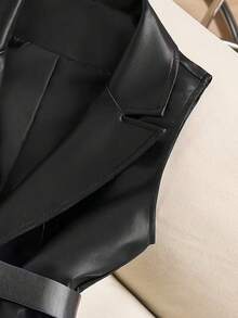 女式黑色无袖夹克背心 - 优雅正式休闲夹克上衣/背心/皮夹克，配有口袋，适合办公室、派对、日常穿着，都市时尚，现代美学，光泽饰面，职业女性必备 - 黑色 - 查看 4