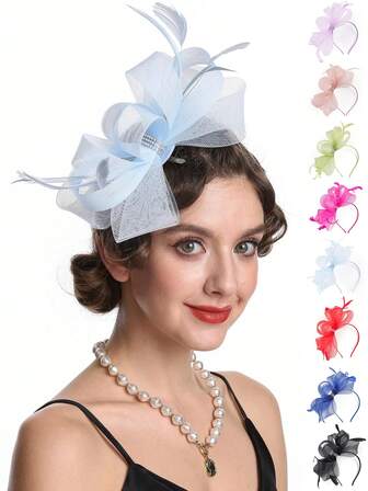 1 pieza Elegante fascinador para mujer Sombrero de té con red y plumas Tocado con lazo Fascinador de malla para diadema Accesorios para boda, Kentucky Derby, disfraz