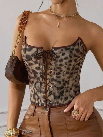 Apperloth A Sexy Leopard Print Waist Cincher With Underwire, Open Back Design, Front Lace-Up, Metal Eyelet, Bodysuit, Suitable For Valentine's Day, Carnival Costumes, Outerwear