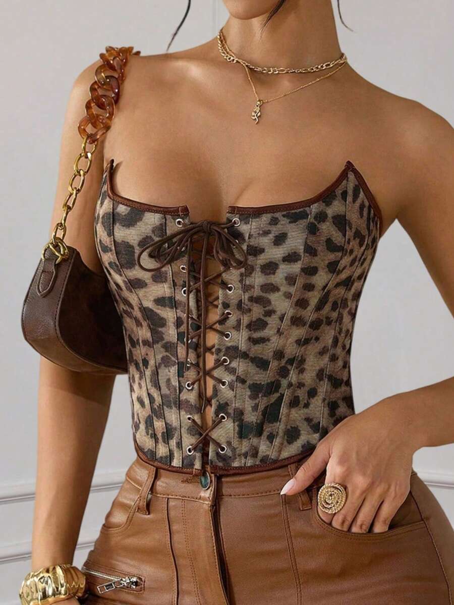 Apperloth A Sexy Leopard Print Waist Cincher With Underwire, Open Back Design, Front Lace-Up, Metal Eyelet, Bodysuit, Suitable For Valentine's Day, Carnival Costumes, Outerwear - Brown - View 1