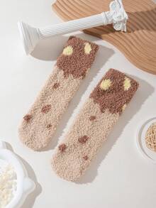 1双女士可爱熊和水果动物系列珊瑚绒家居袜 - 棕色 - 查看 3