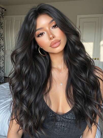 24-Inch Long Black Wavy Wig With Bangs, Layered And Natural Looking Synthetic Wig Suitable For Women For Daily Wear, Parties, Cosplay And More