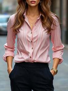 优雅女士涤纶条纹长袖衬衫，经典衬衫领，常规下摆，适合日常穿着 - 粉色 - 查看 1