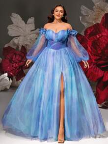 VIPGIRL Elegant Plus Size Off-Shoulder Long Sleeve Bishop Sleeve Evening Dress, Mesh Fabric With Slit Design, Suitable For Formal Banquets - Blue - View 1