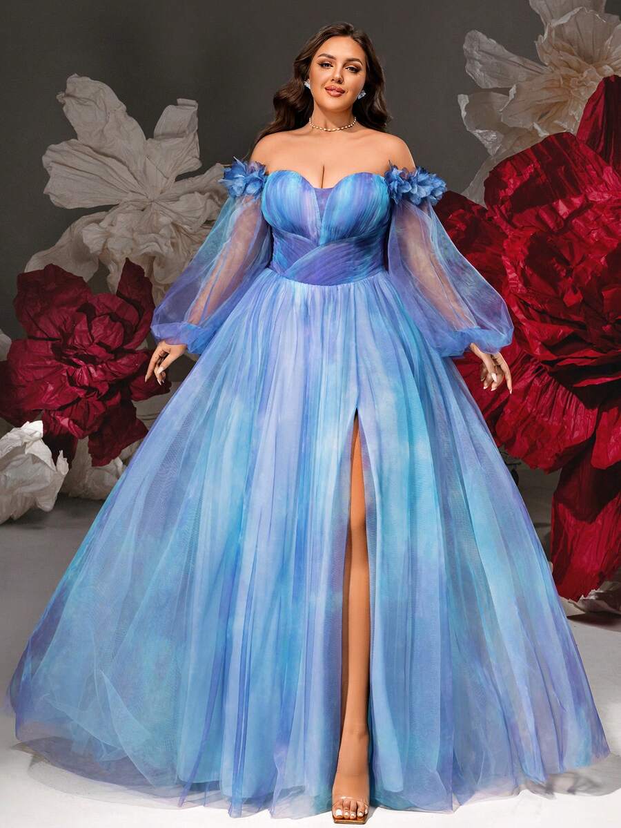 VIPGIRL Elegant Plus Size Off-Shoulder Long Sleeve Bishop Sleeve Evening Dress, Mesh Fabric With Slit Design, Suitable For Formal Banquets - Blue - View 1