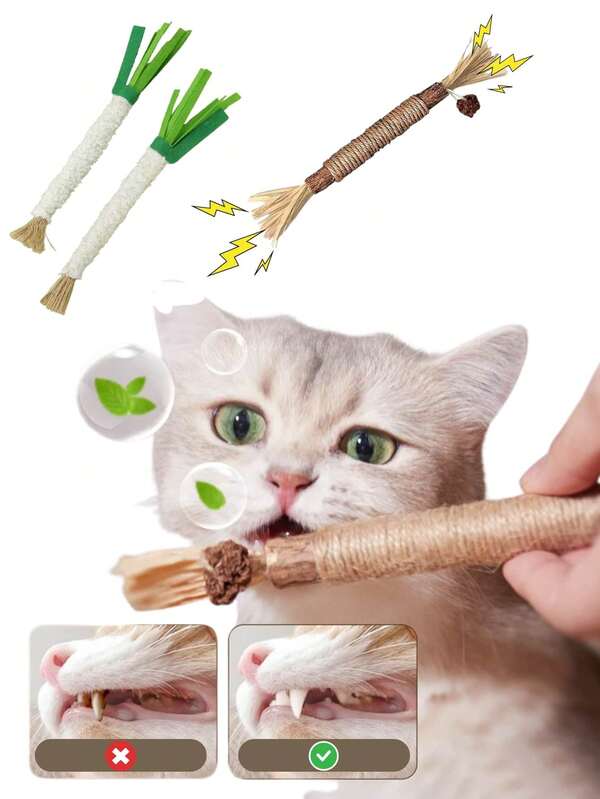 2 New Teething Stick Toys For Cats, Clean Teeth To Protect The Stomach, Simulate Plush Onion Shape And Sisal Rope Shape, Fashion Design Fake Plush Shallot Shape, Pet Bite Plush Teething Toy, Built-In Bell Sound, Attract Cat's Attention, Felt Material And Hemp Rope Material, Strong And Durable, Not Easy To Damage, 8.66in And Cats To Enhance Feelings