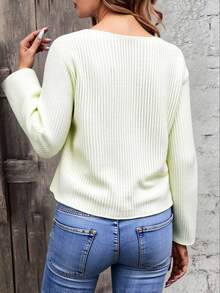 Suéter femenino casual de tejido acanalado, corte holgado, cuello redondo, manga larga, otoño/invierno, ideal para uso diario - amarillo ganso - Ver 2
