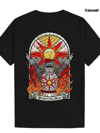 [Camiseta Retro] Camiseta Negra de Estilo Retro para Hombre |   Camiseta Casual de Verano, Diseño de Sol y Llamas - Texto "Alabado sea el Sol", Tela Ligera y Elástica, Regalo Perfecto para Él