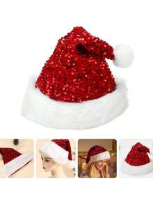 1 Stück Weihnachts-Paillettenkappe des Weihnachtsmanns - Doppellagige glitzernde Polyestermütze mit Plüschverzierung, Weihnachtsmütze, mit rotem Stoff und weißer Fellverzierung, geeignet als Weihnachtsparty-Accessoire und Feiertags-Dekoration, besonders für Zusammenkünfte und Neujahrsfeiern, nicht elastisch, nur von Hand waschbar, gestrickt, ohne Federn, geeignet als Erwachsenen-Feiertags-Kopfbedeckung