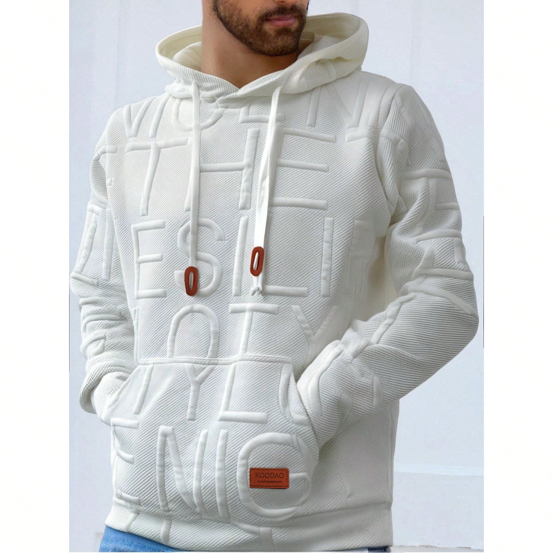 Sudadera con capucha casual y deportiva para hombre con etiqueta de cuero, estampado de cuadros jacquard, regalo