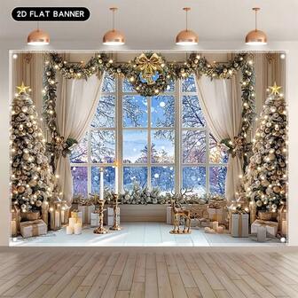 Fondo de fotografía de escenario de nieve de invierno con estrella de Belén, vela blanca y dorada, decoración de fiesta interior y exterior, soporte de cámara con perforaciones para colgar fácilmente - Adecuado para Halloween y Navidad, fondo plano 2D, fondo de vacaciones, decoración de temporada, tema navideño, banner ligero, material duradero, banner decorativo, organizador de eventos, entusiasta de las vacaciones