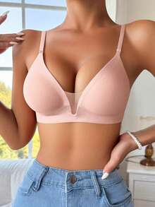 1pc Seamless Mesh Patchwork Underwire Bra For Women, Supportive Lift And Shaping, Versatile Backless Design