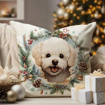 1pc Retro Poodle Dog Cushion Cover, Soft Polyester Pillow Sham With Zipper Closure, 45x45cm, Machine Washable, Suitable For Home And Office Decor, Pet Lover Gift | Comfortable Dog Design | Zippered Cover