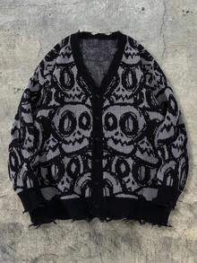 男士休闲宽松V领骷髅印花开衫，长袖，街头风，适合秋冬季穿着 - 灰色 - 查看 2