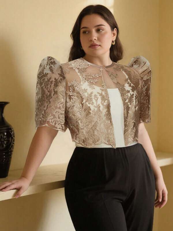 Amyenjoylife Modern Filipiniana Ladies' Elegant Bubble Sleeve Top Thin Coat Filipiniana Plus Size