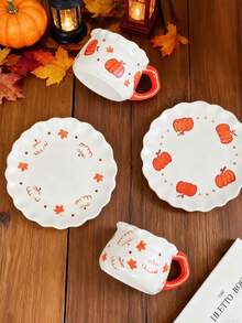 1 conjunto criativo minimalista pintado à mão com design assimétrico de abóbora, xícara de café de cerâmica e pires, ideal para presente de Halloween