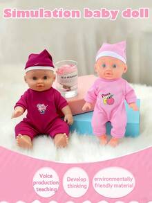 26厘米逼真娃娃，会小便、喝水、发出4种声音，配有奶瓶和安抚奶嘴，粉色小床，连衣裙图案随机发送，是送给女孩的过家家礼物。