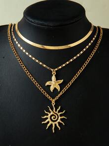 3 pièces Set de collier pendentif délicat à plusieurs couches minimaliste avec fleur, étoile de mer, perle et charms géométriques. Ensemble de bijoux élégant pour femmes, convient pour le port quotidien, décontracté, soirée, rendez-vous, cadeau - 30696-nek-G - Voir 5