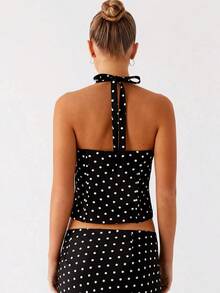 Women's Elegant Two-Piece Dress With Pleated Polka Dot Print On The Chest, Sleeveless Backless Lace Up Top And Long Skirt, Suitable For Dates, Parties, Clubs, And Outings - 黑色 - 查看 4