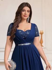 甜心领亮片花卉蕾丝撞色水钻丝带腰部雪纺褶皱下摆正式派对长裙、婚礼宾客礼服、舞会礼服，适合生日、晚宴、节日 - 藏蓝色 - 查看 8