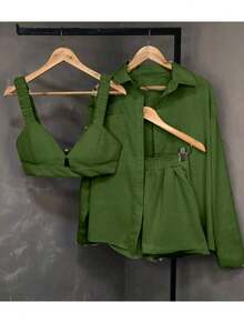 3-Piece Set: 1 Long-Sleeved Coat, 1 Bandeau Top, 1 Shorts. - 軍綠色 - 查看 2