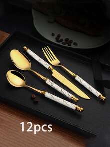 4-24pcs Marble Pattern Handle Knife Fork Spoon Set, Stainless Steel Western Cutlery Set, Steak Knife Fork Spoon Dessert Spoon Tableware Set